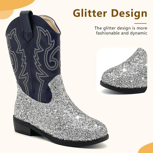 xinlanlin Kids  Sequins Silver Embroidered Square Toe Calf Glitter Western Boots - Picture 3 of 6